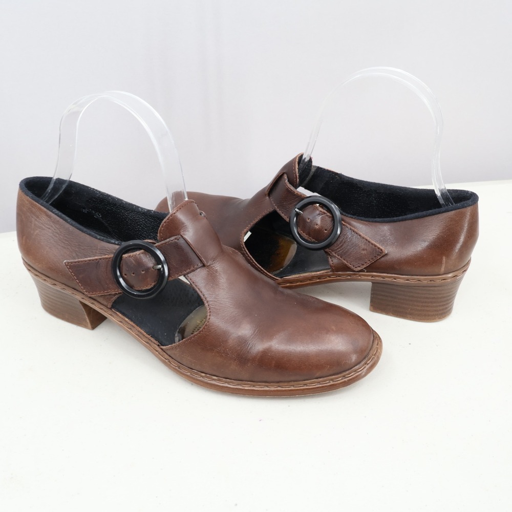 Rieker Leather Mary Jane Pumps Women Size 9 Brown Buckle Block Heel Comfort Shoe